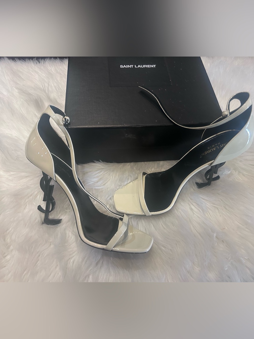 Saint Laurent Ivory Patent Square-Toe Ankle-Strap Heels with YSL Logo Heel